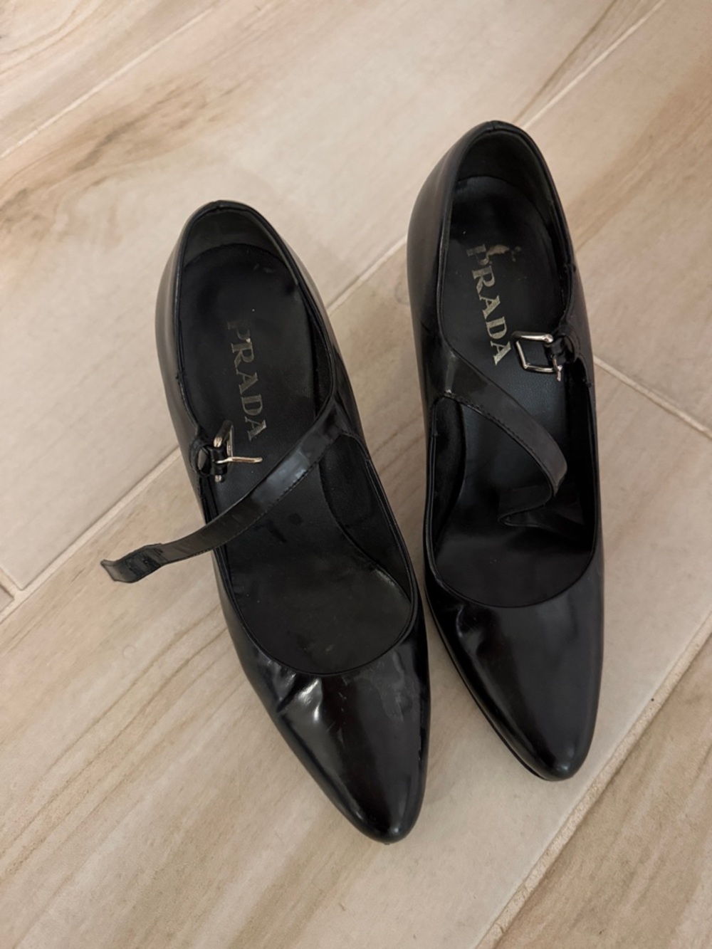 Prada Black Patent Leather Pointed Mary Jane Heels